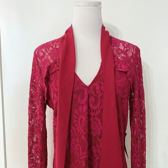 NWT ADELYN RAE RASPBERRY RED TIE NECK LACE LONG SLEEVE COCKTAIL DRESS - S - Picture 5 of 11
